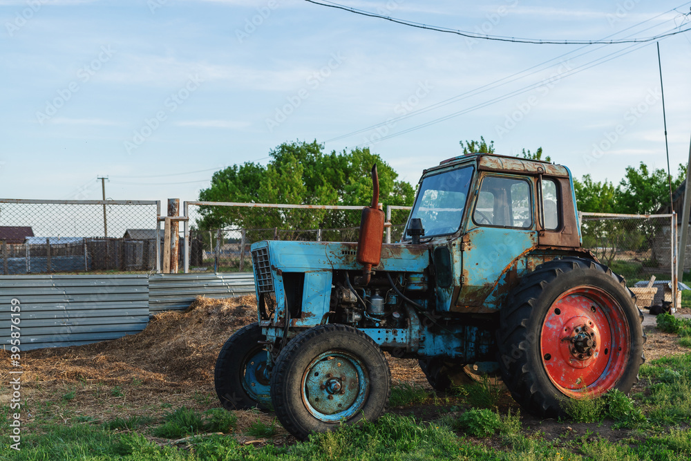 Naklejka premium Abandoned old tractor in the village. Blue tractor with red wheel