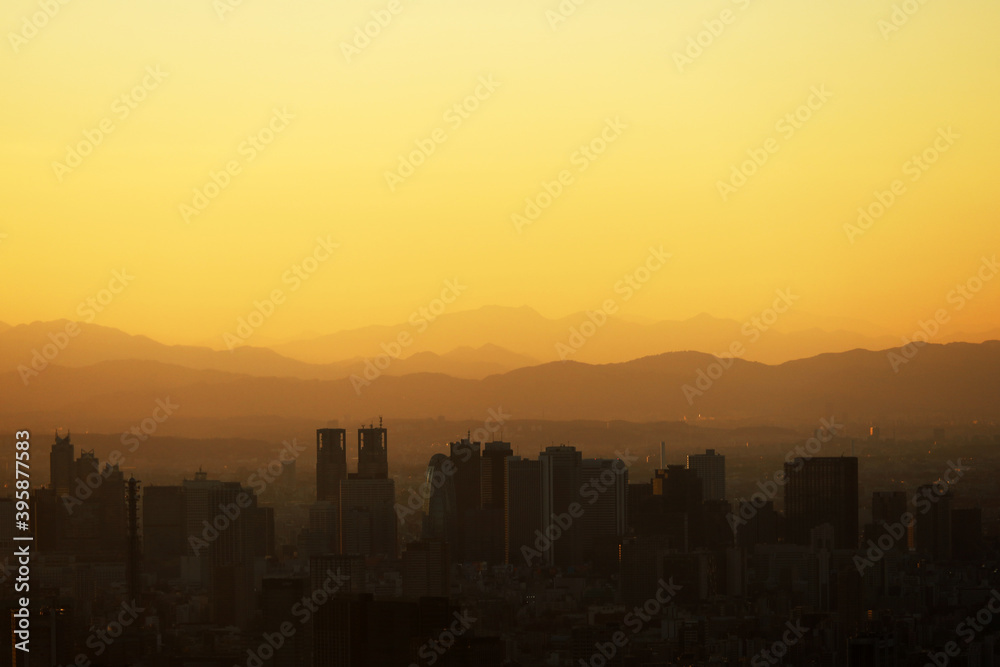 Beautiful sunset and mountain landscape in evening at tokyo, Japan.