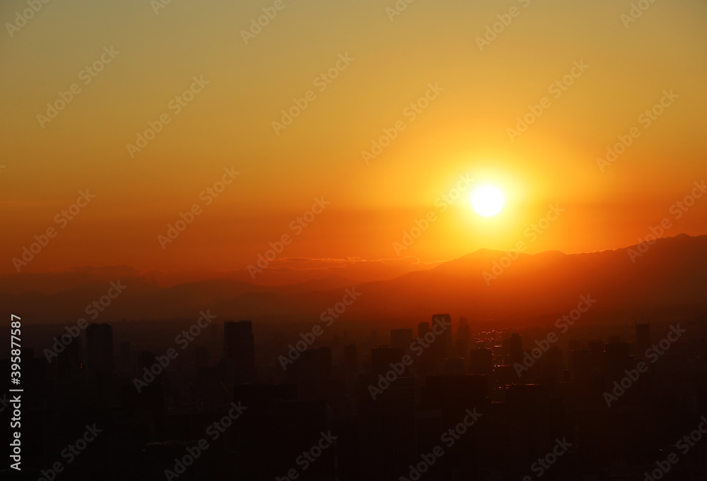 Beautiful sunset and mountain landscape in evening at tokyo, Japan.