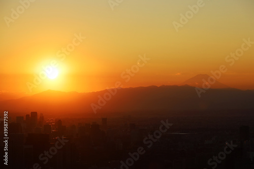 Beautiful sunset and mountain landscape in evening at tokyo, Japan.