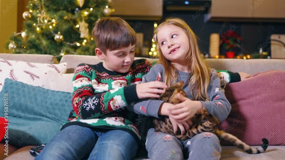 Cute couple of caucasian toddler preschool children staying home playing with bengal kitten amazing pet watching TV in the living room. Christmas holidays. Cute couple of caucasian toddler preschool children staying home playing with bengal kitten amazing pet watching TV in the living room. Christmas holidays.