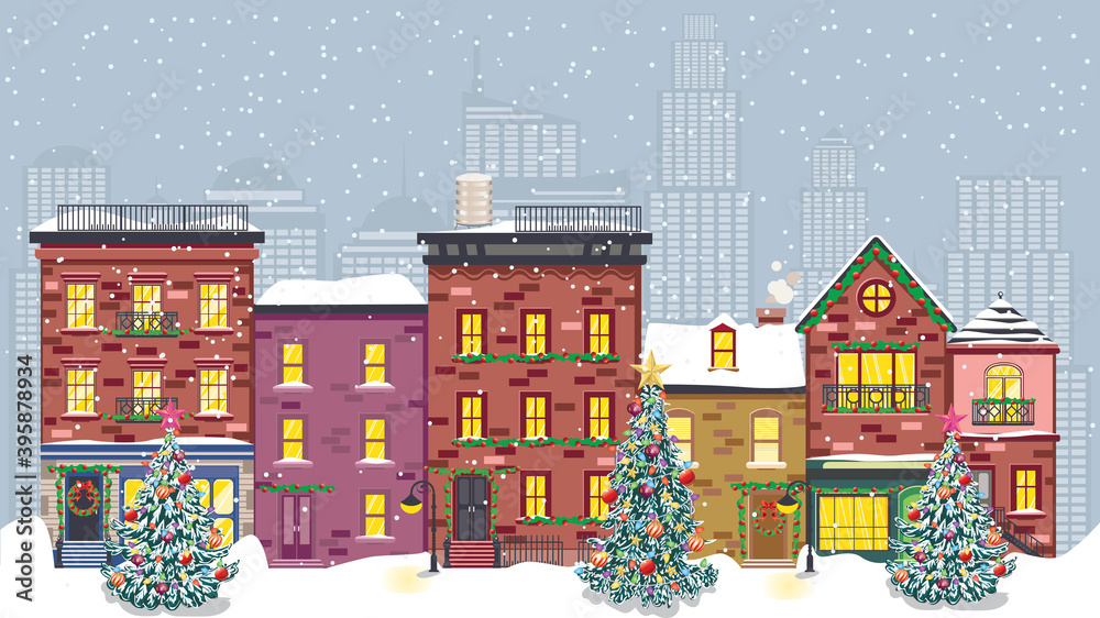 Retro town facades in Christmas