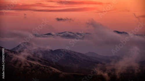 Fototapeta Naklejka Na Ścianę i Meble -  A beautiful mountain scenery. Pikui mountain range (Ukraine) seen from the Bieszczady National Park (Poland).  The Carpathian Mountains.