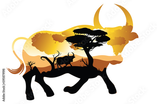 Sunset landscape inside bull silhouette
