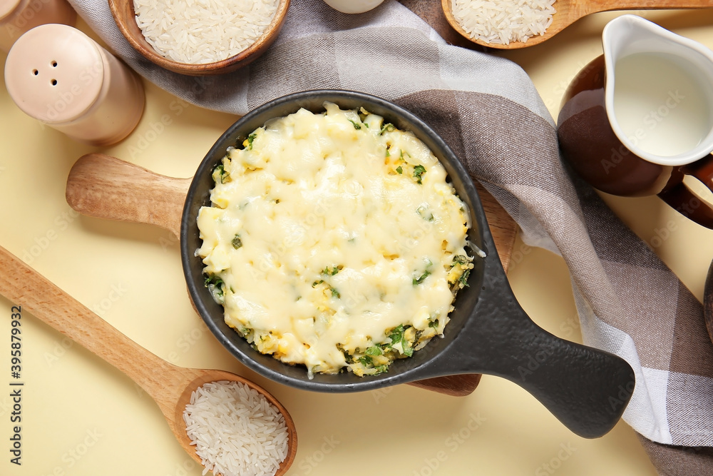 Baking dish with tasty rice casserole on table Baking dish with tasty rice casserole on table