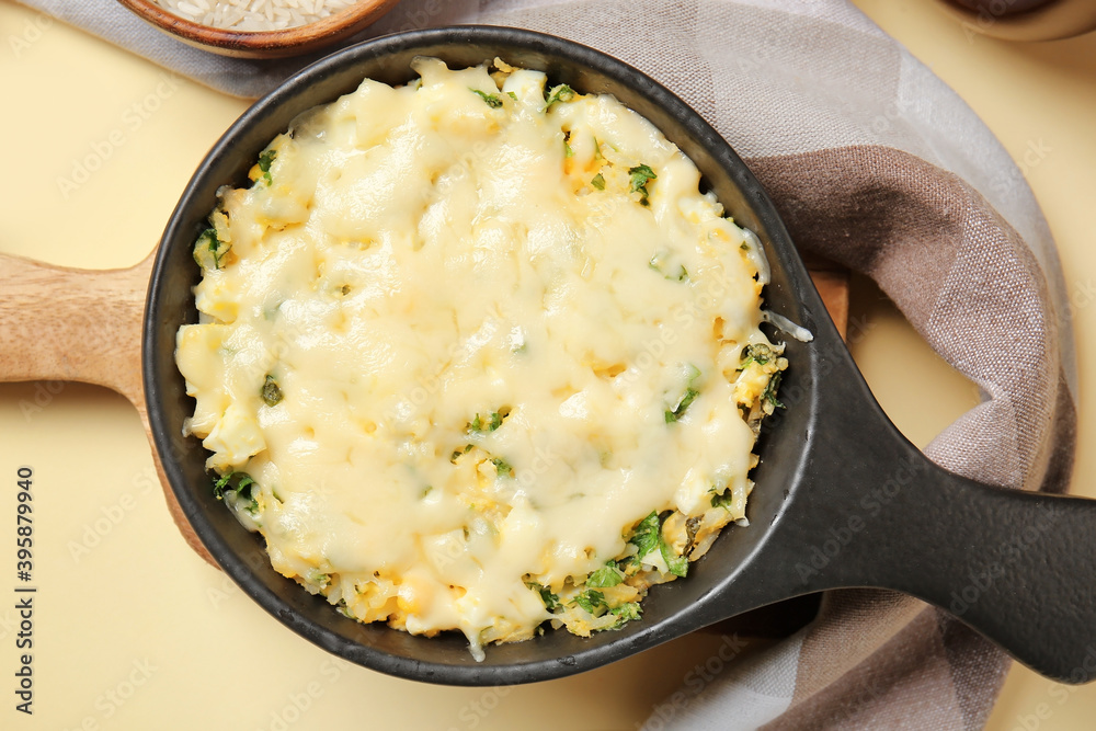 Baking dish with tasty rice casserole on table Baking dish with tasty rice casserole on table