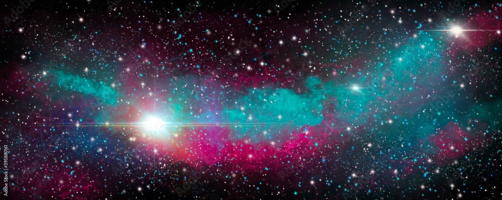 Obraz premium Spazio cosmico viola, porpora e color turchese. Stelle luminose. Via lattea. Galassia. Nebulosa. Sfondo banner cielo stellato. Cometa