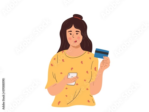 woman Holding Phone And Credit Card vector cartoon illustration, online shopping payment concept.