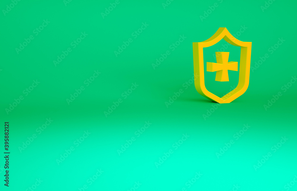 Orange Shield icon isolated on green background. Guard sign. Security, safety, protection, privacy concept. Minimalism concept. 3d illustration 3D render. Orange Shield icon isolated on green background. Guard sign. Security, safety, protection, privacy concept. Minimalism concept. 3d illustration 3D render.