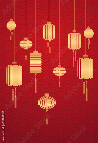 golden lanterns chinese calendar for new year of the ox greeting card flyer invitation poster vertical vector illustration