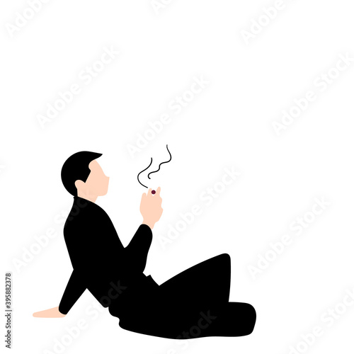 Vector figure of a simple and understandable man. He is smoking sitting leaning on his hand and dressed in black.