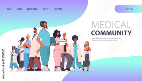 female doctor leader standing in front of mix race professionals team in uniform medical community concept horizontal full length copy space vector illustration