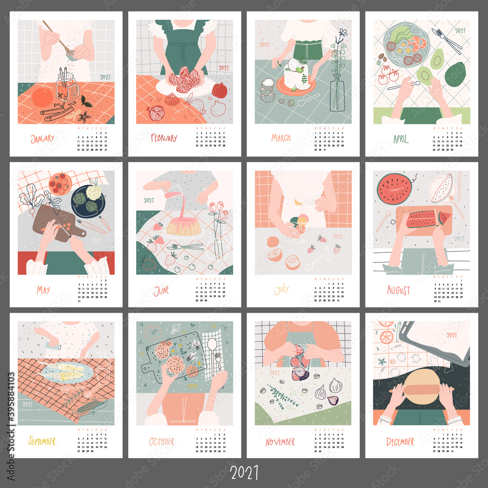 Monthly food calendar for 2021. Vector set of New year printed products. Beautiful food by month concept. Woman in the kitchen