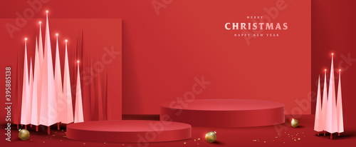 Merry Christmas banner with product display cylindrical shape and christmas tree