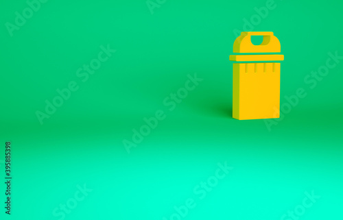 Orange Trash can icon isolated on green background. Garbage bin sign. Recycle basket icon. Office trash icon. Minimalism concept. 3d illustration 3D render.