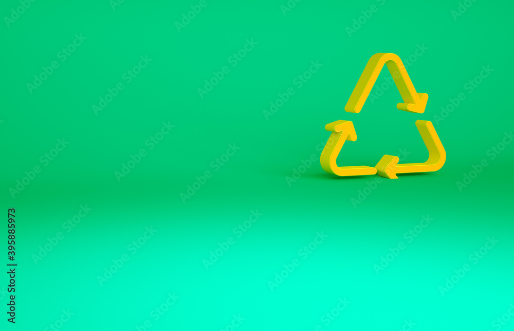 Orange Recycle symbol icon isolated on green background. Circular arrow icon. Environment recyclable go green. Minimalism concept. 3d illustration 3D render. Orange Recycle symbol icon isolated on green background. Circular arrow icon. Environment recyclable go green. Minimalism concept. 3d illustration 3D render.