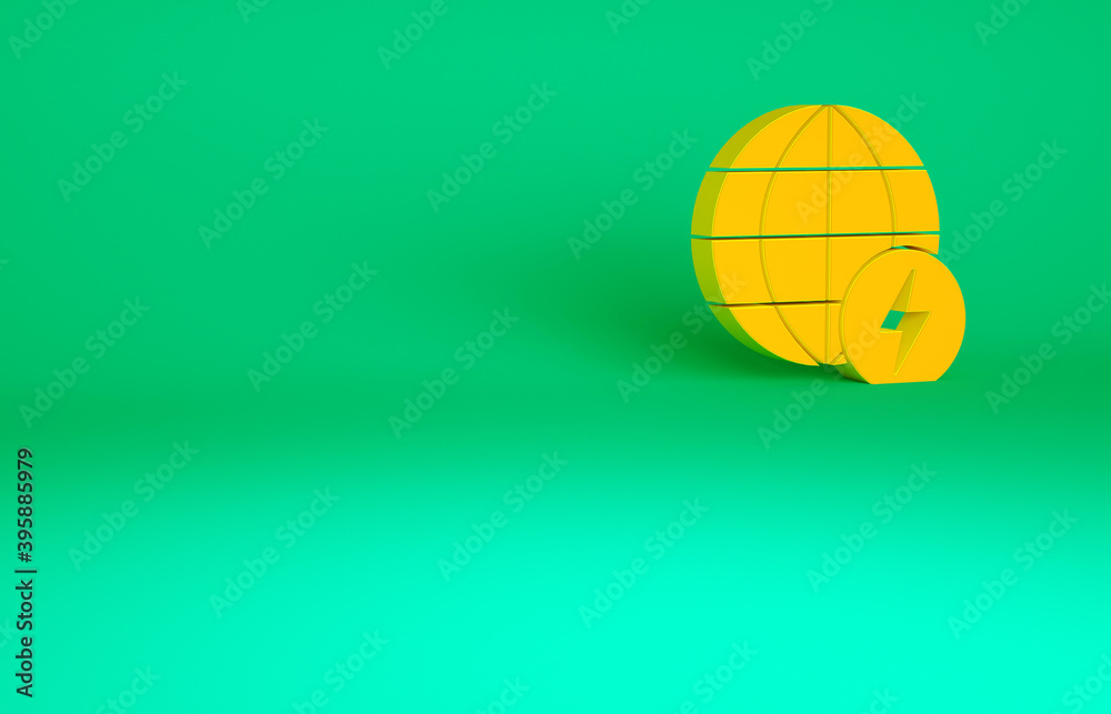 Orange Global energy power planet with flash thunderbolt icon isolated on green background. Ecology concept and environmental. Minimalism concept. 3d illustration 3D render.