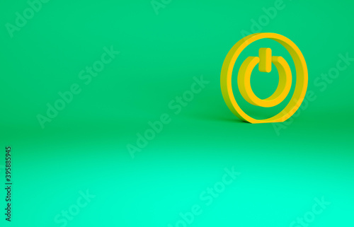 Orange Power button icon isolated on green background. Start sign. Minimalism concept. 3d illustration 3D render.