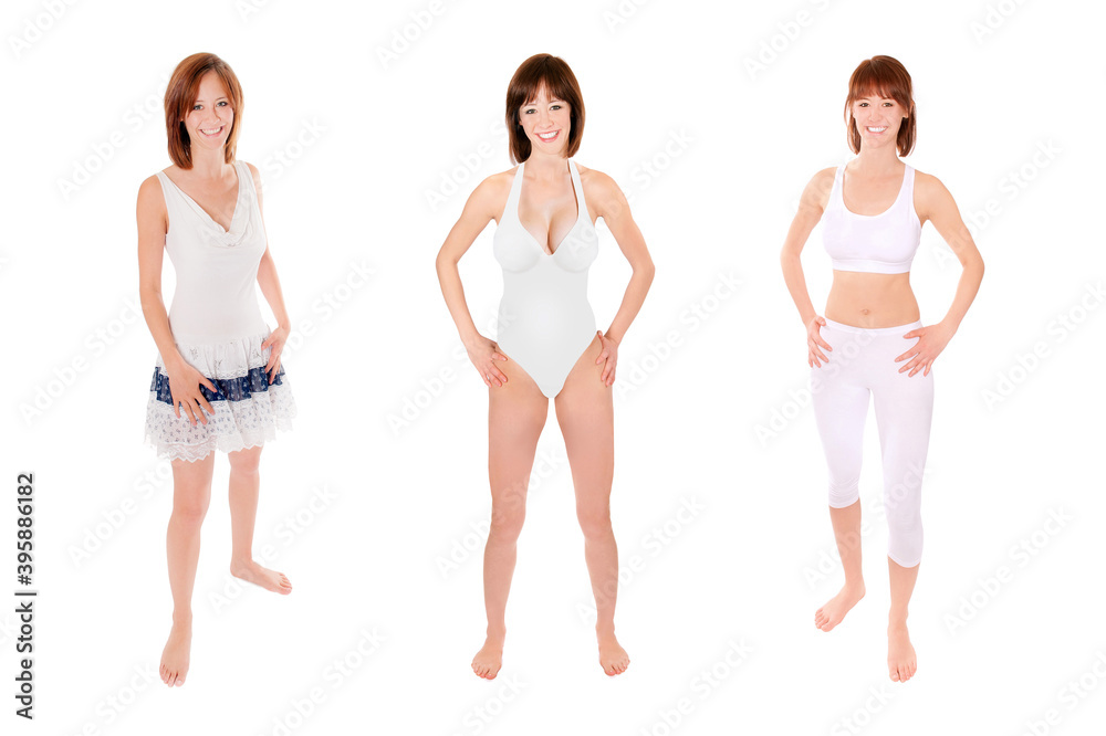 Three full length portraits of an attractive young woman wearing sportswear, swimsuit and summer dress, isolatded in front of white background Three full length portraits of an attractive young woman wearing sportswear, swimsuit and summer dress, isolatded in front of white background