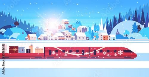 red train delivering gifts merry christmas happy new year holidays celebration express delivery concept winter landscape background greeting card horizontal vector illustration