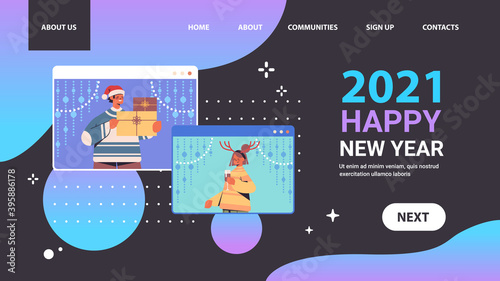 couple discussing during video call man woman having fun happy new year merry christmas holidays celebration concept web browser windows self isolation online communication horizontal portrait vector