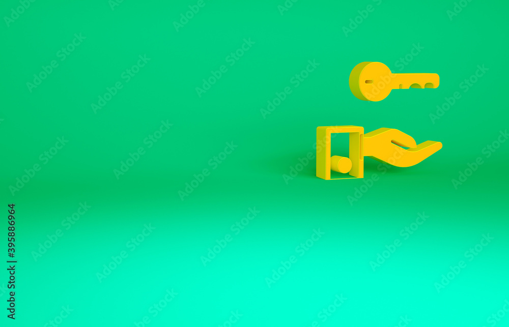 Orange Hotel door lock key icon isolated on green background. Minimalism concept. 3d illustration 3D render. Orange Hotel door lock key icon isolated on green background. Minimalism concept. 3d illustration 3D render.