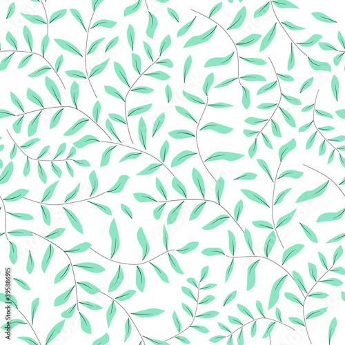 Delicate mint green branches and leaves seamless pattern. Hand drawn background for wrapping scrapbooking paper banner. Scandinavian style. Stock vector flat illustration isolated on white.