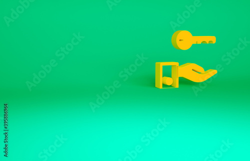 Orange Hotel door lock key icon isolated on green background. Minimalism concept. 3d illustration 3D render.