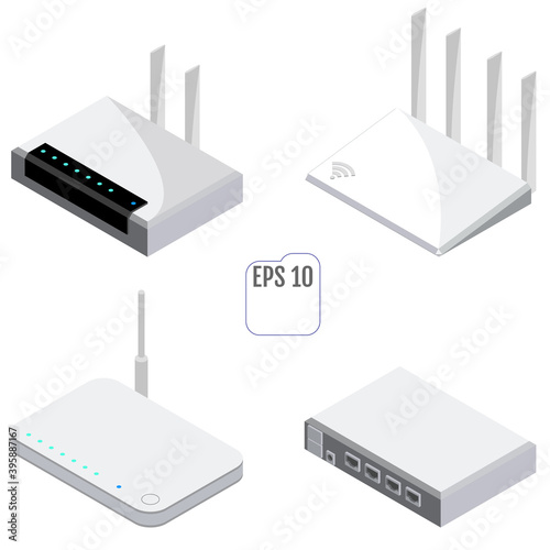 Router isometric icons set. Vector