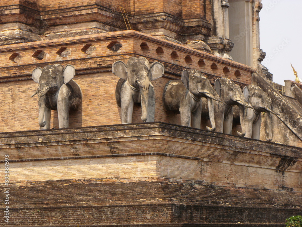 Chiang Mai, Thailand, April 25, 2016: Sculptures of elephants in the Wat Chedi Luang stupa in Chiang Mai