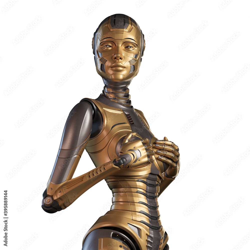 3d render of a very detailed robot woman or futuristic humanoid girl touching her chest with both arms, side view of the upper body isolated on white background 3d render of a very detailed robot woman or futuristic humanoid girl touching her chest with both arms, side view of the upper body isolated on white background