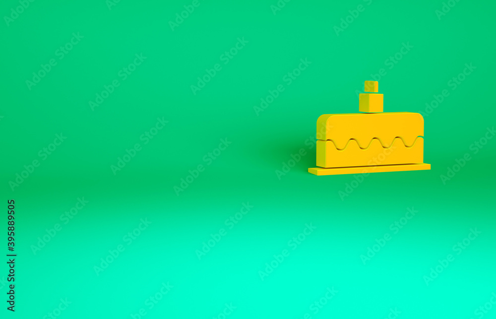 Orange Cake with burning candles icon isolated on green background. Happy Birthday. Minimalism concept. 3d illustration 3D render. Orange Cake with burning candles icon isolated on green background. Happy Birthday. Minimalism concept. 3d illustration 3D render.