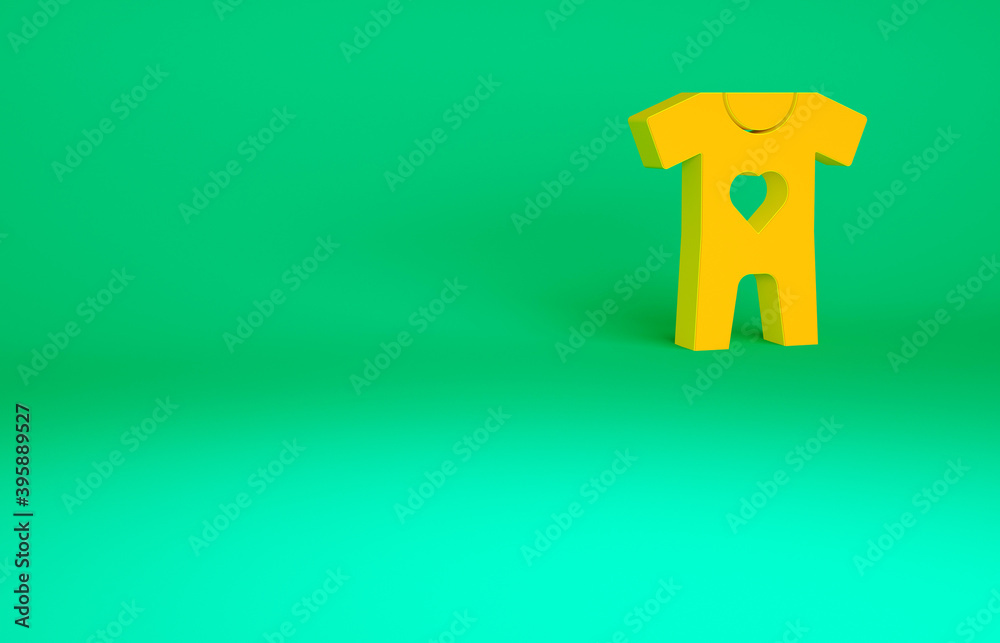 Orange Baby clothes icon isolated on green background. Baby clothing for baby girl and boy. Baby bodysuit. Minimalism concept. 3d illustration 3D render.