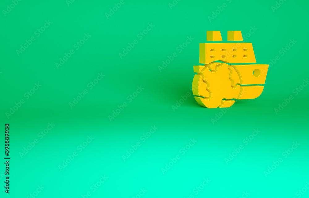 Obraz premium Orange Cruise ship icon isolated on green background. Travel tourism nautical transport. Voyage passenger ship, cruise liner. Worldwide cruise. Minimalism concept. 3d illustration 3D render.