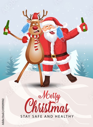 merry christmas. santa claus and reindeer drinking beer with removed masks hanging from their ears. covid-19, coronavirus concept. vector illustration design