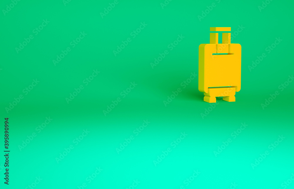 Obraz premium Orange Suitcase for travel icon isolated on green background. Traveling baggage sign. Travel luggage icon. Minimalism concept. 3d illustration 3D render.