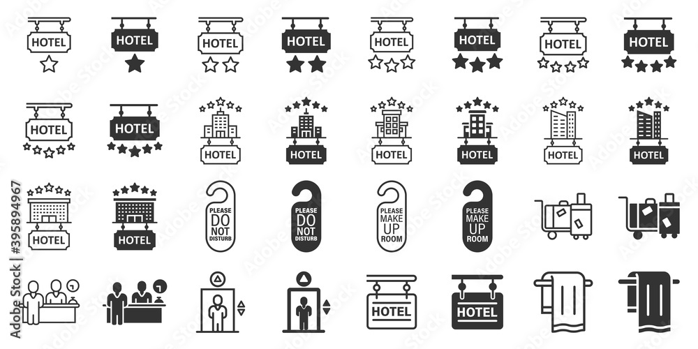 Hotel icon set in flat style. Booking vector illustration on white isolated background. Vacation reservation business concept. Hotel icon set in flat style. Booking vector illustration on white isolated background. Vacation reservation business concept.