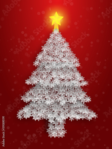 Christmas red background with Christmas tree in snowflakes , vector illustration.