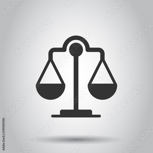 Scale balance icon in flat style. Justice vector illustration on white isolated background. Judgment business concept.