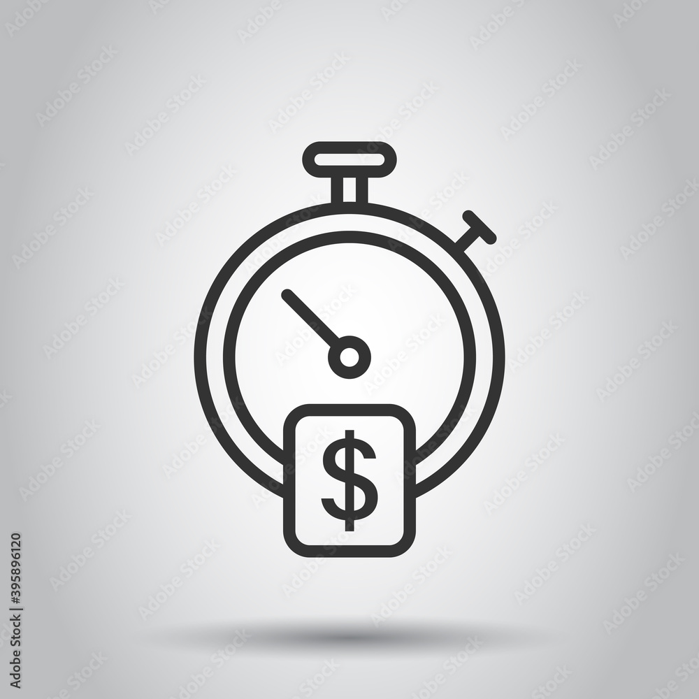 Time is money icon in flat style. Clock with dollar vector illustration on white isolated background. Currency business concept. Time is money icon in flat style. Clock with dollar vector illustration on white isolated background. Currency business concept.