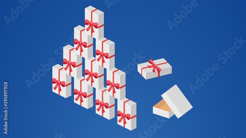 Pile of isometric gift boxes. Wrapped presents isolated on blue background.