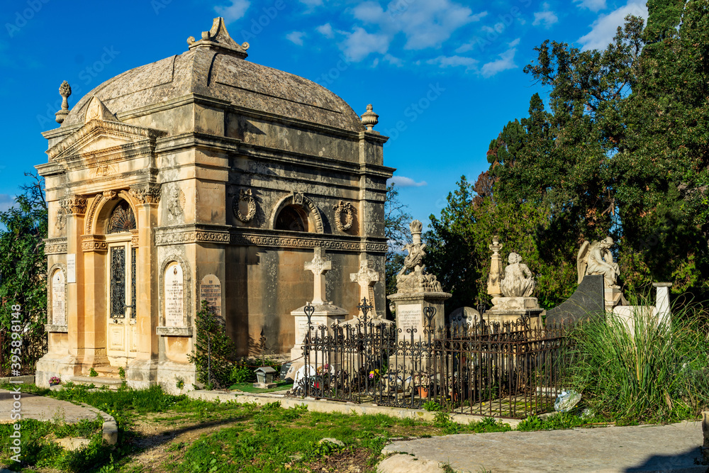 Paola, Malta - December 6th 2018: Mausoleum at the Addolorata Cemetery. Opened in 1869 and is the largest burial ground in Malta. 