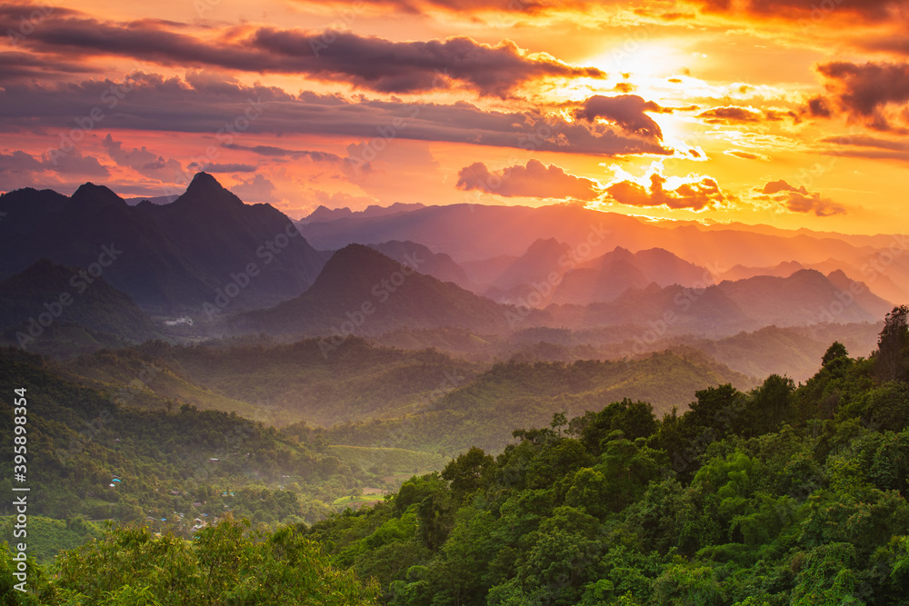 Beautiful sunset on high mountain in Mae Moei National park, Tak province, Thailand.