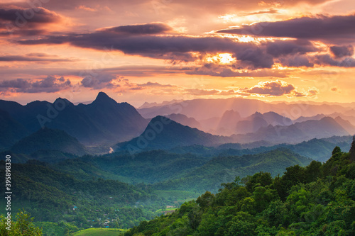 Beautiful sunset on high mountain in Mae Moei National park, Tak province, Thailand.