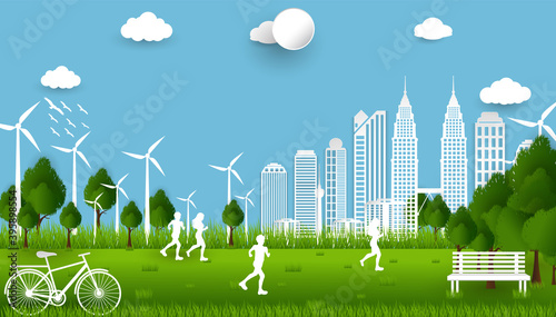 Paper art of family and park on green town shape, origami concept and ecology idea, vector art and illustration.