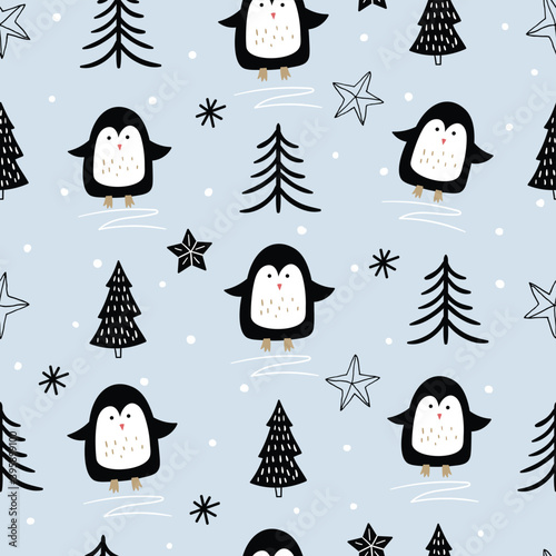 Winter seamless pattern with cute penguins, modern seasonal design