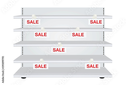 Empty store shelves with sale wobblers. vector illustration