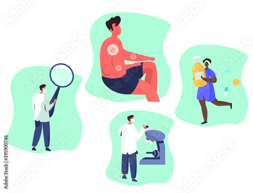 Skin Disease and Eczema.Diagnostics Dermatology.Skin Treatment.Allergy or Varicella with Itching.Doctor with Medical Equipment Inspect Pimples,Psoriasis, Vitiligo,Dermatitis.Vector Illustration