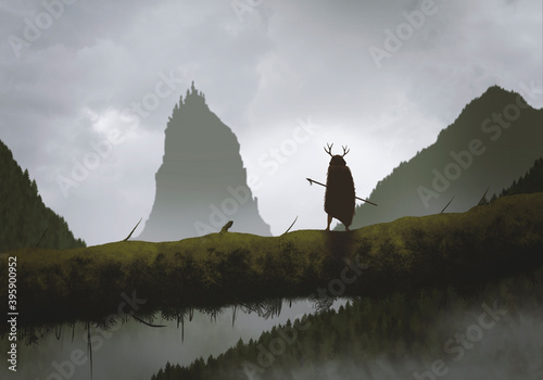 a tribal warrior watching a castle in the forrest with his spear