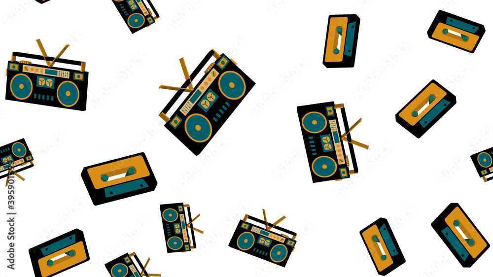 Texture seamless pattern from old vintage retro hipstersih stylish isometric music audio tape recorder for listening to audio cassettes from the 70's, 80's, 90's. The background. Vector illustration